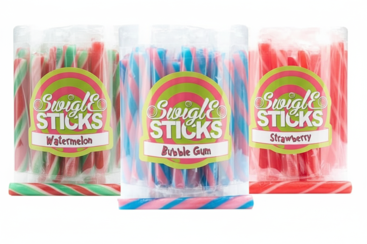 Swiggle Sticks Strawberry, Bubble Gum et Watermelon